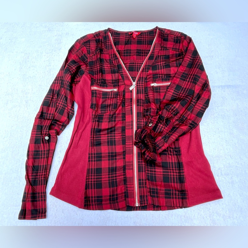 Guess Women’s Grunge Miracle Red & Black Plaid Fitted Shirt Zipper Size XL NWOT